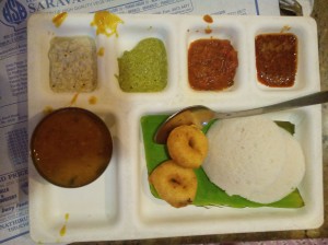 Idli-vada with podi and ghee, 3 types of chutney and sambhar